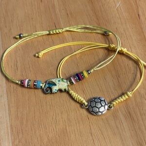 Yellow Cord Bracelet Duo with Turquoise Enamel Elephant and Silver Soccer Charm